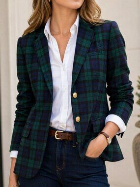 J. Crew Blackwatch Plaid Schoolboy Blazer Navy Green Wool Size 8